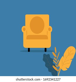 Yellow chair on a blue background. With a bouquet of palm leaves.Yellow sofa. vector icon illustration logo design. eps 10