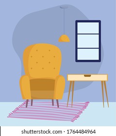 yellow chair table ceiling lamp window and carpet decoration vector illustration