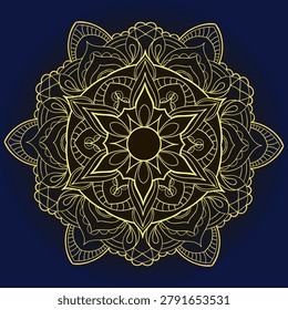 Yellow chakra mandala radiates calm and symmetry. Dark blue background enhances intricate design. Centered star pattern draws eyes inward. Floral motifs spiral outward in delicate lines