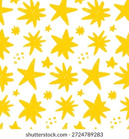 Patrón transparente de Vector de estrella de tiza amarilla. Estrellas de doodle dibujadas a mano con textura áspera, fondo ideal para el diseño de los niños, la educación, la marca y el uso digital creativo.