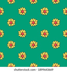 Yellow chamomile flower,seamless pattern on green background.