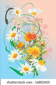 yellow chamomile ornament on pink and blue background
