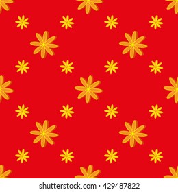 Yellow chamomile seamless pattern on red background.  Fashion design. Modern spring and summer stylish abstract. Template for prints, textile, wrapping and decoration, wallpaper. Vector illustration.