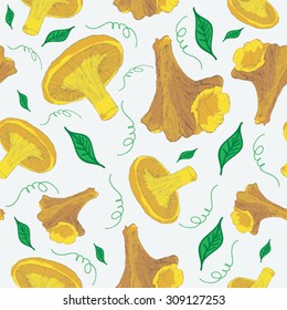 Yellow chanterelle mushroom seamless vector pattern