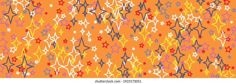 Yellow Chaotic Horizontal Multicolor Orange Green Sky Background. Vivid Holiday Blue Red Colorful Christmas Bright Stars Ornament. Print Stars Vibrant Violet New Year White Santa Background.