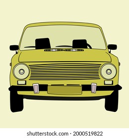 Auto barato amarillo. Viejo coche de bajo costo. Cara vectorial con la cara llena y color aburrido.