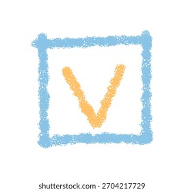 Icono de casilla de verificación amarillo en estilo de crayón de tiza. La casilla azul con la marca amarilla forma un elemento de verificación y un símbolo. Casilla de verificación y como un ícono dibujado a mano, único para el diseño moderno, póster o etiquetas.
