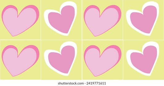 Yellow Checkered Background. Hand-Drawn Vector Illustration. 
 Seventy Hearts Retro Seamless Pattern on pink , Seventies Style, Groovy Background, Wallpaper, Print, T Shirt. Flat Design, Hippie.