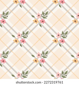 A yellow Checkered seamless  pattern with Flower and Leaves. Floral pattern on yellow Diagonal Stripe Gingham background. Design for tartan, plaid, tablecloths, shirts, dresses, paper and more