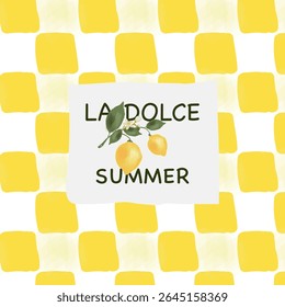 Yellow checkered tablecloth and pattern background with lemons and text "Sweet summer". Vector cute elegant watercolor illustration for card, invitation or poster