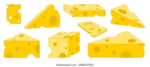 Yellow Cheddar cheese in cartoon style , Cheese vector collection in Flat style, for Food and Menu decoration, Ingradient illustration. cute icons (Editable)