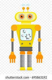 Yellow Cheerful Cartoon Robot Character With Two Antennas and Plot. Isolated vector robot on transparent background.