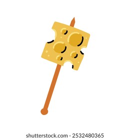 Yellow Cheese Cube Canape on Wooden Stick. Cheesy Food Vector Illustration in Hand Drawn Style on White Isolated Background