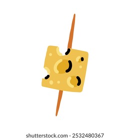 Cubo de queso amarillo canape en palillo de madera palillo. Ilustración vectorial de comida con queso en estilo dibujado a mano sobre fondo aislado blanco