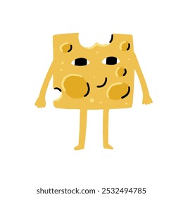 Yellow Cheese Cube Character Mascot. Cheesy Food Vector Illustration in Hand Drawn Style on White Isolated Background