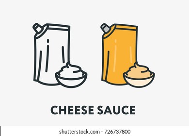 Yellow Cheese Sauce Packaging and Bowl Mayonnaise Minimal Flat Line Outline Colorful and Stroke Icon Pictogram