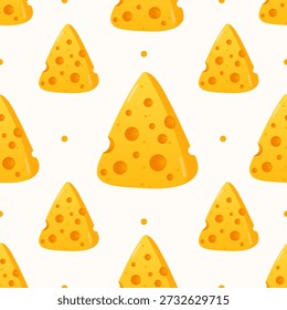 Patrón de rebanada de queso amarillo con divertidas cuñas y agujeros de dibujos animados, fondo repetitivo sin costuras ideal para el envasado de alimentos, ilustraciones para niños, menús, papel de regalo y Fondos de pantalla