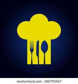 Yellow Chef hat with fork, spoon and knife inside on a blue background