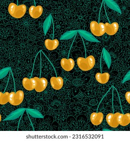 Yellow cherries seamless background. Ripe berries on floral lace background. Flat design. Botanical pattern for fabric, textile, dress, wrapping.