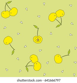 yellow cherry berry on a green background with white triangles seamless vector pattern