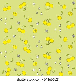 yellow cherry berry on a green background with white flowers and triangles seamless vector pattern