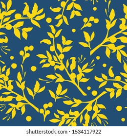 It is a  yellow cherry branch design in blue background.