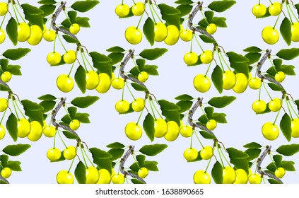 
yellow cherry with leaf, patern on a blue background