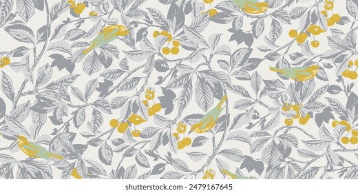 yellow cherry and leaves of a tree. Birds on branches seamless pattern, on a gray background. Vector illustration. Vintage. Template for wallpaper.