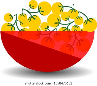 Yellow cherry tomatoes in a red transparent bowl. Vector graphic illustration with shadow.