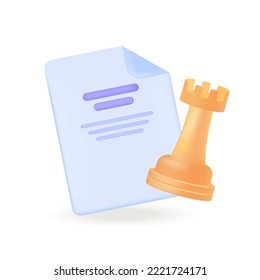 Yellow chess rook and purple paper document with text 3D icon. Business agreement, perspective plan and success strategy of leader 3D vector illustration on white background. Leadership concept