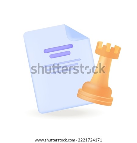 Yellow chess rook and purple paper document with text 3D icon. Business agreement, perspective plan and success strategy of leader 3D vector illustration on white background. Leadership concept