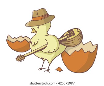 Yellow chick bird just out of the easter egg wearing a hat and holding a bouzouki.