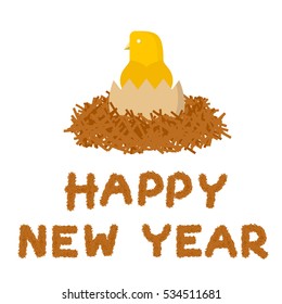 Yellow chick born in haystack and happy new year text made from haystack illustration flat design set isolated on white background, with copy space, vector eps10