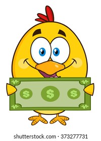 Yellow Chick Cartoon Character Holding Cash Money. Vector Illustration Isolated On White