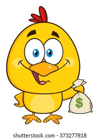 Yellow Chick Cartoon Character Holding Money Bag. Vector Illustration Isolated On White