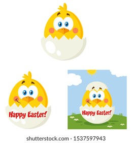 Yellow Chick Cartoon Character Set 1. Flat Vector Collection Isolated On White Background
