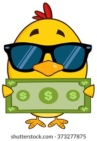 Yellow Chick Cartoon Character Wearing Sunglasses And Holding A Dollar Bill. Vector Illustration Isolated On White