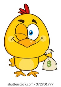 Yellow Chick Cartoon Character Winking And Holding A Money Bag. Vector Illustration Isolated On White