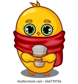 Yellow Chick Character with Coffee, Red Scarf, Big Eyes, Cartoon Hand Drawn Vector Illustration EPS 10
