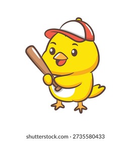 A yellow chick character dressed in a baseball cap holding a batting stance.
