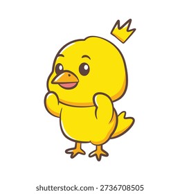 A yellow chick character stands with a small gold crown on its head looking confident.