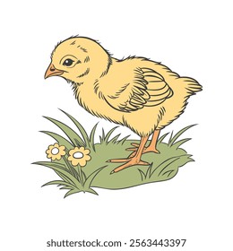 Yellow chick in the grass with flowers. Cute poultry illustration.