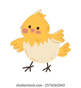 Yellow chick hatching from eggshell with outstretched wings. Hand-drawn digital illustration on white background. Easter and springtime concept for greeting cards and decorations.