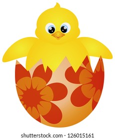 Yellow Chick Hatching from Happy Easter Day Egg with Floral Pattern Isolated on White Background Illustration Vector
