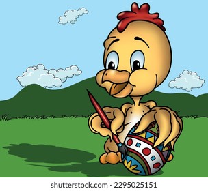 Un poussin Jaune Peint un Oeuf de Pâques avec un pinceau Rouge - Illustration Dessinée à la main, Image Vectorielle