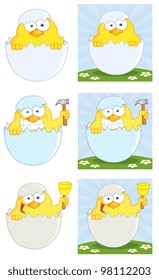 Yellow Chick Peeking Out Of An Egg Shell. Vector Collection