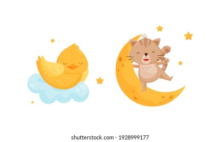 Yellow Chick Sleeping on Soft Cloud and Cat Swinging on Crescent Moon Vector Set