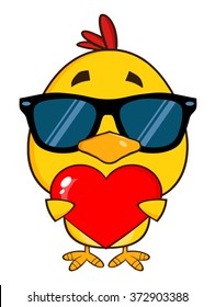  Yellow Chick With Sunglasses Cartoon Character Holding A Valentine Love Heart. Vector Illustration Isolated On White
