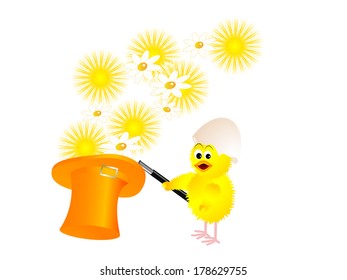 Yellow chick and suns in magic hat