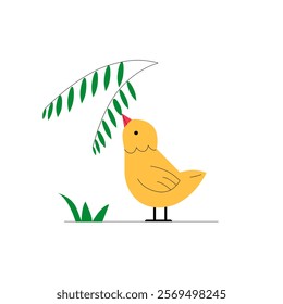 Yellow Chick Under Leaf In Flat Vector Illustration Symbolizing Nature, Poultry, And Rural Farm Life, Isolated On White Background.